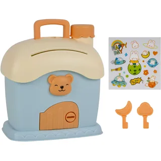 Spardose Kinder Haus unkaputtbar - Sparbüchse, Sparbox mit Sticker zum Bekleben - Sparschwein Kunststoff Blau - Geldgeschenk Geburtstag & Schulanfang