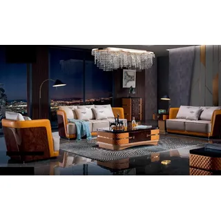 Sofagarnitur 3+2+1 Sitzer Ledersofa Couch Wohnlandschaft Garnitur Design Modern - Beige