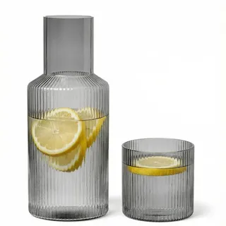 Nachttisch Wasserkaraffe Set mit Becher Glas Nachttasse Set, Mundwasser Flasche Karaffe mit Becher Deckel für Gästezimmer, Badezimmer, Wohnzimmer 31.8 Oz/1000ml (Smoke Grey)