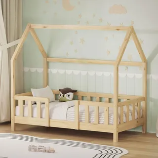 ML-Design Kinderbett 70x140cm mit Rausfallschutz, Dach & Lattenrost Natur Montessori Bodenbett aus massivem Kiefernholz Hausbett für Mädchen & Jungen - Naturbelassen