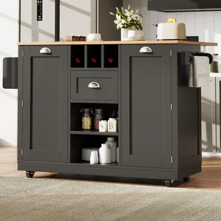 Sweiko Kücheninsel, Esszimmerwagen mit Arbeitsplatte, Buffetschrank, Esszimmerwagen mit Holzmaserung, seitlicher Handtuchhalter, mit Weinregal, mit Rollen, schwarz - Schwarz