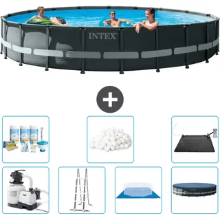 Intex Round Ultra XTR Frame Swimming Pool – 610 x 122 cm – inklusive Pumpe – Leiter – Bodenplane – Abdeckung Wartungspaket - Filterbälle - Solarmatte