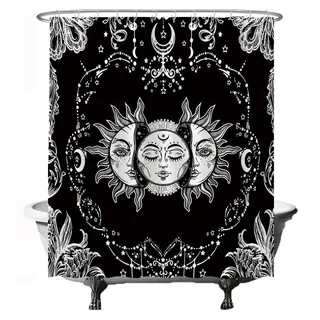 Ulticool Duschvorhang - Sonne Mond Sternzeichen Tarot Natur Bohemian - 180 x 200 cm – Anti Schimmel - Waschbar – Wasserdicht - mit 12 Ringe - Schwarz Weiß - Halloween Deko Gothic