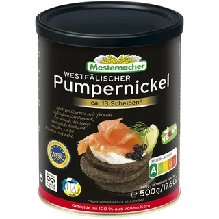 Mestemacher Westfälischer Pumpernickel in der Dose, lange haltbar, 500 g | 13 Scheiben Schwarzbrot ohne Kruste, ohne Konservierungsstoffe, für Camping, Single Haushalt und Lebensmittel Vorrat