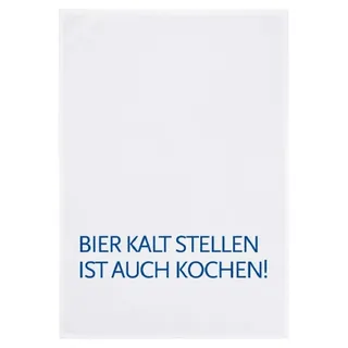 17;30 Geschirrtuch, 100% Baumwolle, humorvoller Spruch Bier kalt Stellen ist auch Kochen!, umweltfreundlich, weiß-blau, 50x70 cm