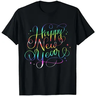 Clothes for the New Year celebration - Festliches Happy New Year Damen T-Shirt, Schwarz, Kurzarm, S, V-Ausschnitt, Klassische Passform, Party, Unisex, 1 Count