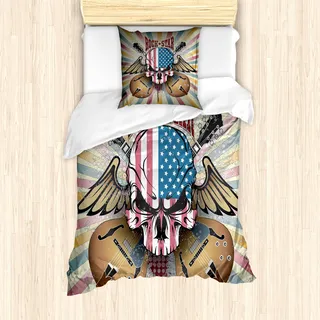 ABAKUHAUS Gitarre Mantele, Verärgerte Schädel Amerika-Flagge, Milbensicher Allergiker geeignet mit Kissenbezügen, 135 cm x 200 cm - 80 x 80 cm, Mehrfarbig