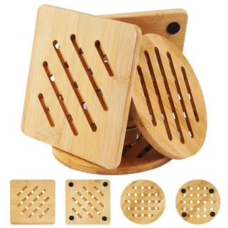 HIKPACKER 4 Stück Topfuntersetze Bambus Untersetzer, Rutschfest Topfuntersetzer Hitzebeständig, Untersetzer Topf Untersetzer-Set, Topfuntersetzer Holz Für Küche Schüssel Topf Pfannen Kanne Und Teller