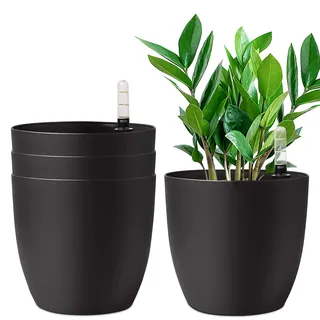 T4U 22cm Selbstwässernder Blumentopf mit Wasseranzeiger Schwarz 4er-Set, Selbstbewässerung Wasserspeicher Pflanzgefäß Übertopf für Innen- und Außenbereich