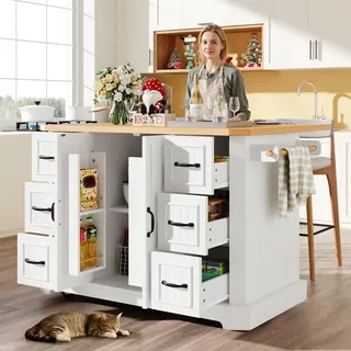 STILVORA Kücheninsel Mit Abgeschrägten Kanten & Robust, Servierwagen Mit 2 Türen & 6 Schubladen, Küchenwagen Mobil Für Wohnzimmer Balkon Weiß - Weiß
