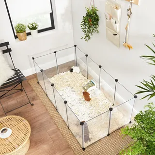 Songmics Freigehege mit Bodenplatten, Laufstall, aus Kunststoff, Gehege für Kleintiere, Meerschweinchen, Hamster, Kaninchen, weiß