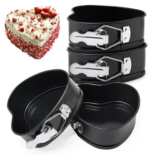LEADSTAR Springform Herz, Kleine Kuchenform Herzbackform, 4 Stück 4‘’Mini Kuchenbackform Backformen Herz Springform Backform Antihaftbeschichtet, Backformen Auslaufsicher, Abnehmbarer Flachboden