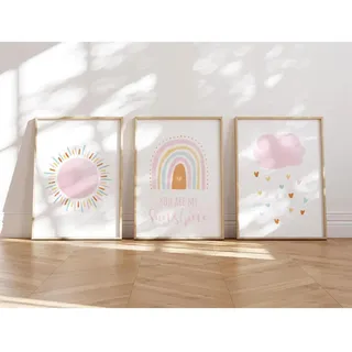 MeinBaby123® Poster Kinderzimmer | er Set DIN A4 Poster Set | Wandbilder mit Spruch | Regenbogen | Deko Kinderzimmer Mädchen Junge | Babyzimmer Deko | Wandposter Premium (You are my sunshine)