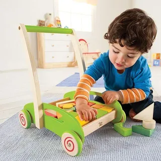 Hape Holz-Bauklotz-Wagen - Lauflernwagen mit Bausteinen für Kleinkinder