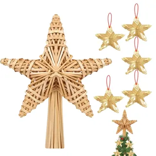 Weihnachtsbaumspitze Stern aus Stroh, 30cm Strohsterne Christbaumschmuck mit 5pcs Mini Strohstern, Christbaumspitze, Natur Strohstern-Spitze für den Weihnachtsbaum, Weihnachtsbaumschmuck
