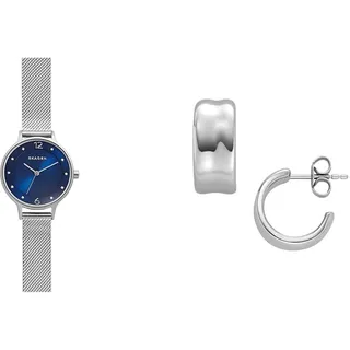 Skagen Damen Anita Lille Silberfarbene Edelstahl Uhr und Anja Pebbles Ohrringe, Set