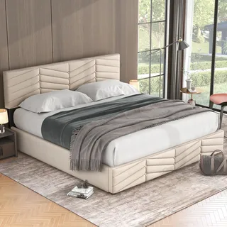 MODFU Polsterbett Boxspringbett 180×200 cm mit höhenverstellbarem Kopfteil und Bettkasten, Doppelbett Holzbett Samt, Beige(Ohne Matratze) - Beige