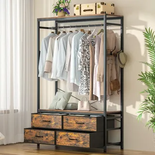 Yorbay Schwerlast Kleiderständer Offen Garderobenständer Kleiderschrank | Offener Garderobenorganizer mit 4 Schubladen & 4 Haken für Schlafzimmer Wohnzimmer - Regale für platzsparende Aufbewahrung