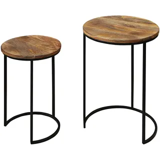 byLIVING Zweisatztisch Jaron / 2er Set / 2 runde Beistelltische/Massivholz Mangoholz Natur hell-braun/Gestell Metall schwarz/untereinander verstaubar/D 40, H 60 + D 30, H 50 cm