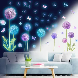 Wandtattoo Löwenzahn Leuchtsterne Leuchtaufkleber Pusteblume Schmetterling Pflanzen Blumen Bunt Leuchtsticker Wandsticker Leuchtend Wandaufkleber für Kinderzimmer Schlafzimmer Wanddeko Blau