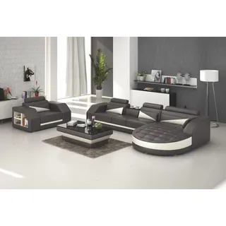 Ledersofa Couch Wohnlandschaft Ecksofa + Sessel Garnitur Design Sofa mit USB - Weiß, Schwarz