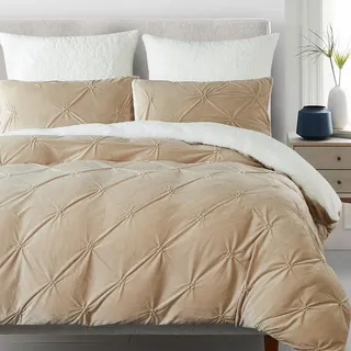 Winter Bettwäsche 200x220cm Flanell Fleece Khaki Weiß Wendebettwäsche Set Flauschig Plüsch Sherpa Cashmere Touch Pintuck Bettbezug und 2 Kissenbezug 80x80 mit Reißverschluss,Oeko-Tex Zertifiziert