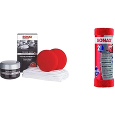 SONAX PremiumClass Carnauba Care (200 ml) inkl. 2x Schwamm und 1x MicrofaserTuch, Hartwachs für alle neuen und grundgereinigten Lacke & MicrofaserTücher Außen - der Lackpflegeprofi (2 Stück)
