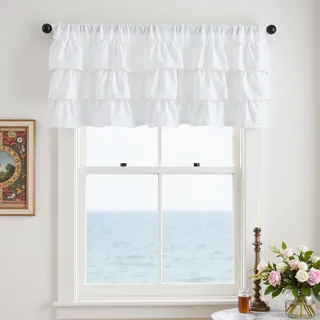 TOPICK Scheibengardinen Küche Weiß Leinen Bistrogardine mit Tunnelzug Rüschig Volant für Wohnwagen kinderzimmer Landhausstil Vintage Shabby Chic Gardinen Kurz Lichtdurchlässig 1er Set 127Bx46HCM