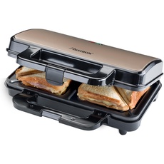 Bestron XL Sandwichmaker, Antihaftbeschichteter Sandwich-Toaster für 2 Sandwiches, inkl. automatischer Temperaturregelung & Bereitschaftsanzeige, 900 Watt, Farbe: Hellbeige/Satin