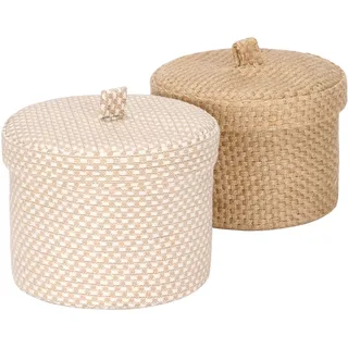 Sea Team 2er-Pack Jute- und Baumwollleinen-Aufbewahrungskörbe Süße runde Box für Toilettenartikel, Spielzeug, Sonstiges 2 Liter Schreibtisch-Gadget-Organizer mit Deckel (klein A)