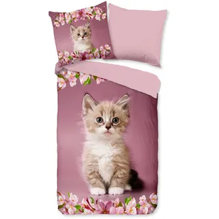 Duvet cover Good Morning 135x200 + 1* 80x80 cm - kitten cat with flowers - Rosa