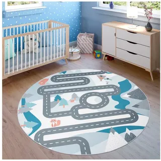 Paco Home Teppich Kinderzimmer Kinderteppich Spielteppich Junge Mädchen Tiere Straßen Muster rutschfest Creme Blau Grau, Grösse:Ø 200 cm Rund