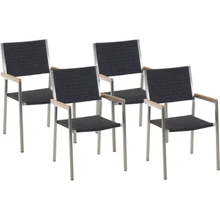 BELIANI Gartenstühle 4er Set Schwarz / Silber Polyrattan Edelstahl mit Armlehnen Rattanbespannung Terrasse Outdoor Modernes Design - Schwarz, Silber