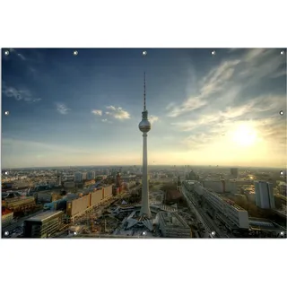 Wallario Outdoor-Poster für Garten oder Balkon, Motiv Fernsehturm Berlin mit Panoramablick über die Stadt, in ca. 120 x 180 cm - Blau