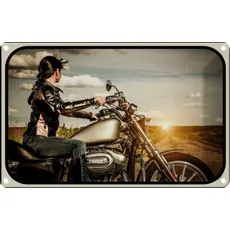 Blechschild 20x30 cm - Motorrad Frau Girl Sonnenaufgang
