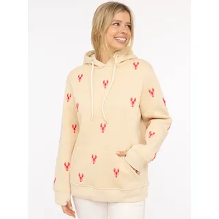 Kapuzensweatshirt ZWILLINGSHERZ, Damen, Gr. L/XL, beige (hellbeige), Sweatware, Obermaterial: 50% Baumwolle, 50% Polyester, unifarben mit Farbeinsätzen, bequem hüftbedeckend, ohne Ausschnitt, angesetztes Bündchen, Sweatshirts Kapuzensweatshirt, Hummer-Stickerei, Kapuze, Kordelzug, Baumwollmix