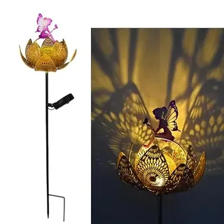 YZYOE Solar Lotus Fee Bodenlampe, Garten Dekoration Schmiedeeisen Retro niedliche Elf Bodenlampe, drahtlose Dämmerung bis zur Morgendämmerung LED Licht wasserdicht.