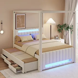MODFU Polsterbett 140x200 Himmelbett mit LED-Beleuchtung Jugendbett mit Schubladen Doppelbett mit Ausziehbett ohne Matratze Beige - Beige