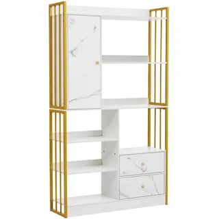 FurnitureR Bücherregal 100 x 30 x 173,5 cm, Weiß mit Gold, hohes Standregal aus MDF und Glas mit offenen Fächern, Schubladen und Glastür, Industrial Design, für Wohnzimmer Arbeitszimmer Küche