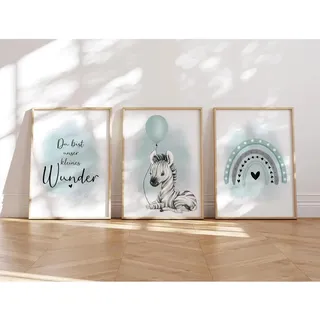 MeinBaby123® Bilder Kinderzimmer | 3er Set DIN A4 Poster Set | Wandbilder | Kinderzimmer Poster | Deko Bilder Mädchen und Jungen | Wandposter Premium (Zebra & Luftballon mint)