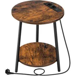 HOOBRO Beistelltisch mit Ladestation, runder Couchtisch mit 2 Ebenen, Wohnzimmertisch, Nachttisch für kleine Räume, Sofatisch für Wohnzimmer, Schlafzimmer, Vintagebraun und Schwarz EBF67CBZ01