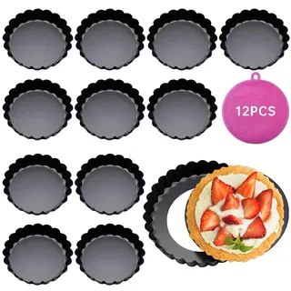 Dazhtu Tarteform mit Hebeboden,12 Stück Törtchenform 8 cm/3 Zoll, Antihaftbeschichtung Quicheform,Tartelette Förmchen aus Kohlenstoffstahl,Wiederverwendbar,Tortenboden Backform Zum Backen Eierkuchen