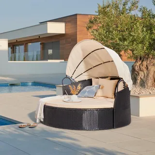 Luca Bessoni Sonneninsel , Schwarz, Beige , Metall, Kunststoff, Textil , 4-teilig , Füllung: Komfortschaum , 180x80x81 cm , verstellbares Dach , Gartenmöbel, Loungemöbel, Sonneninseln