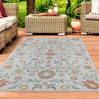 Outdoor-Teppich Blumenmuster Wohnzimmer Terrasse creme, multi Größe - 80 x 150 cm - Creme, Bunt