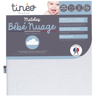 Tinéo – Babymatratze 60 x 120 x 10 cm – Angepasst an das Wachstum und die Bedürfnisse des Babys – Fest – Dichte 20 kg/m3 – Keine Behandlung – Abnehmbarer Bezug