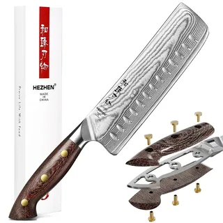 HEZHEN Damast Nakiri Messer, Japanischer Stil Hackbeil Messer, Hartstahl Mehrzweckmesser Asiatisches Kochmesser Zum Schneiden von Fleisch und Gemüse,Griff aus Micarta