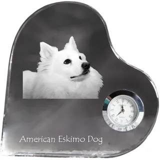 American Eskimo Dog, American Spitz, Eskie - Kristalluhr mit einem Hundebild, Herzregal-Uhr, personalisierte Standuhr der Marke Art-Dog