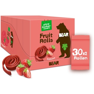 BEAR Fruchtrollen Erdbeere | 100% Natürliche Inhaltsstoffe | Ohne Zusatz von Zucker | Gesunder Snack für Kinder & Erwachsene | 30 Beutel x 20g | 600g