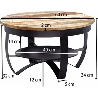 Wohnling Couchtisch rund Schwarz Mangoholz 60 x 60 x 34 cm