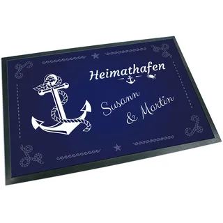Unikatolo Fußmatte Anker Heimathafen mit Name personalisiert - Fußabtreter Dunkelblau für Familien & Paare zur Hochzeit, Einweihungsparty Familienname Ankerplatz Hausboot Dekoration (50 x 35 cm)